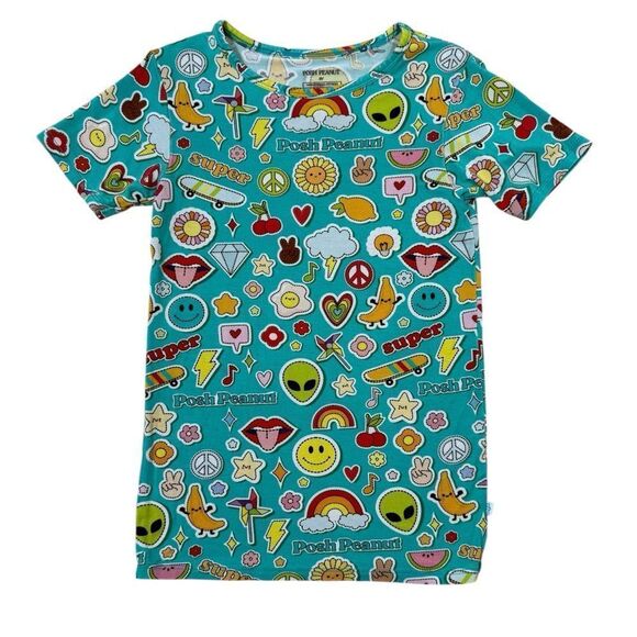 Posh Peanut Kids Teal Colorful Sticker Medley Pajama Top - Picture 2 of 5